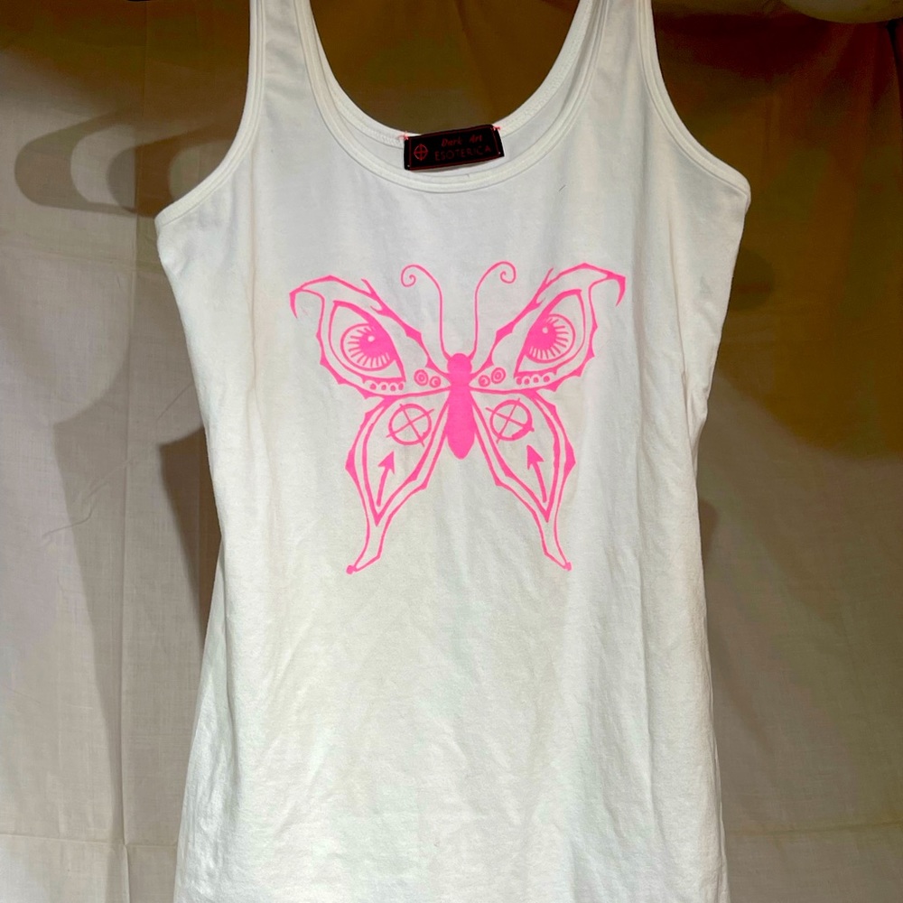Pink on white “Evil Eye Butterfly” original handmade silkscreen . Dark Art